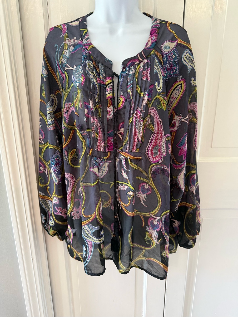 Melissa Paige Black Sheer Paisley Tie-Neck Blouse with Pink & Yellow Accents